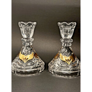 Vintage Set Lead Crystal CANDLE HOLDERS Gold Wing Design Anna Hutte Bleikristall